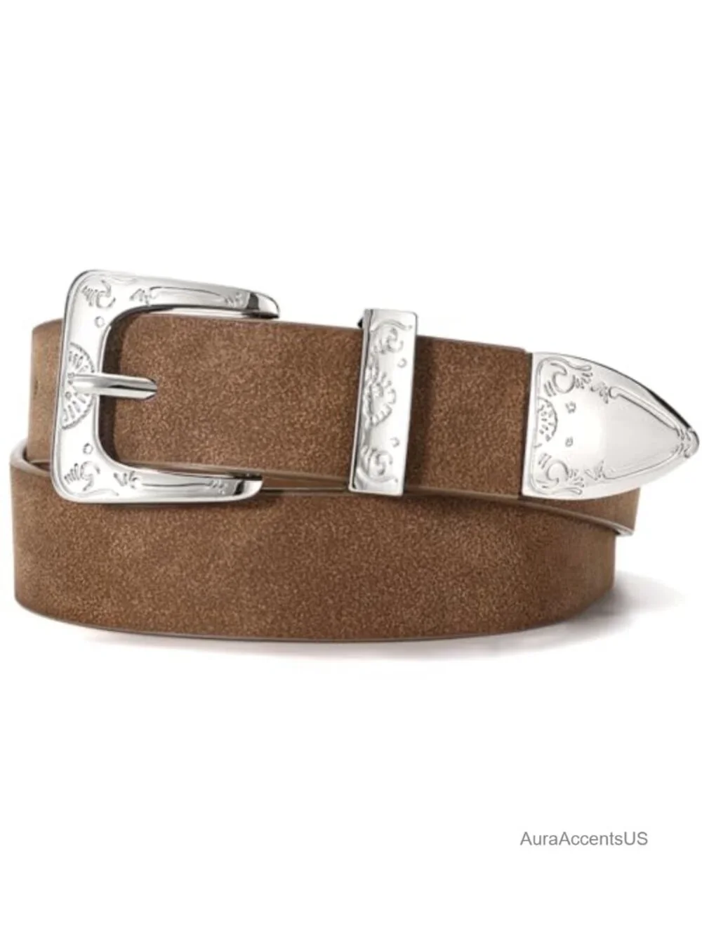 Women's Western Suede Belt with Floral Engraved Silver Buckle